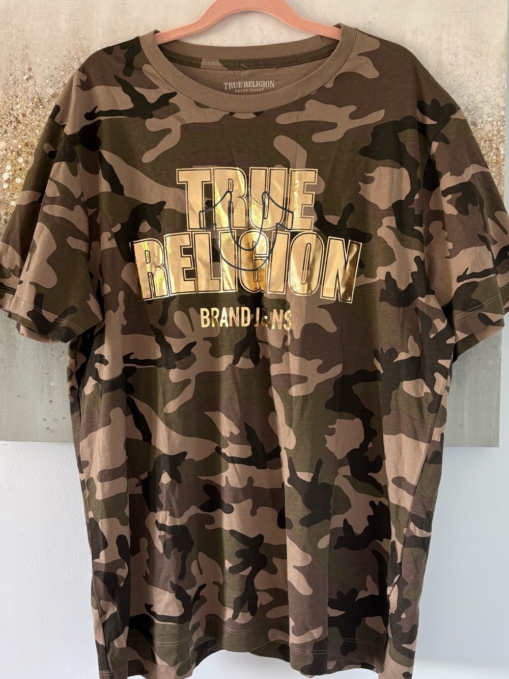 True Religion Metallic Logo Olive and Brown Camo Logo T-Shirt (NWT)